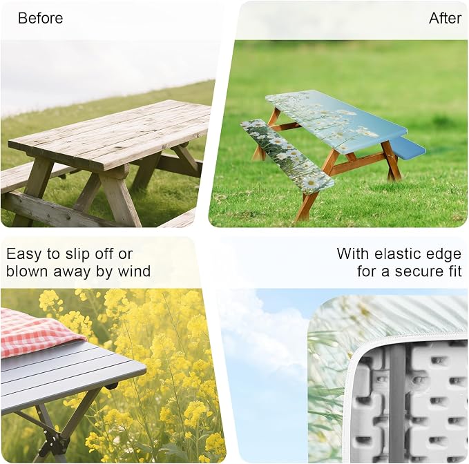 ANNA QUEEN Blue Daisy 6FT Picnic Table Cover Set, 3PCS 72"x30" Floral Tablecloth and Bench Covers, Waterproof Camping Spring Wedding & Garden Party Decor