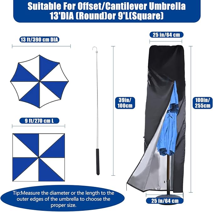 Patio Umbrella Cover 9ft to 13ft,420D Outdoor Umbrella Covers Waterproof,Oxford Fabric with Top Vent & Rod, fits Cantilever Offset Umbrella,Large Market Umbrella,Double-Sided Umbrellas