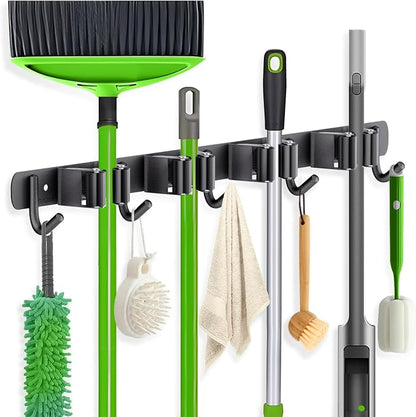 ZONGOOL Wall Mount Broom Holder 4 Racks 5 Hooks Metal Tool Organizer Black | 304 Rustproof Stainless Steel Broom Hanger, Non-Slip Wall Mount Organizer, Space Saving For Kitchen, Laundry, Garden