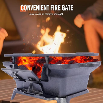 Portable Cast Iron Hibachi Grill - Pre-Seasoned Charcoal Grills, Double-Sided Grate & Adjustable Air Vents, BBQ for Camping, Backyard, Tailgating (Rectangle)