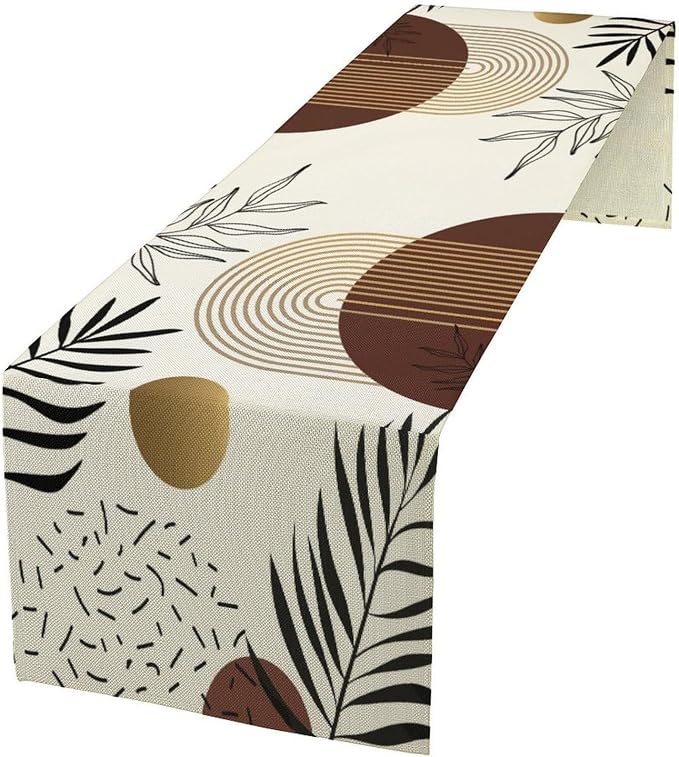 Brown Abstract Mid Century Table Runner Boho Tropical Leaves Botanical Geometric Arch Minimalisted Modern Dinner Runner for Farmhouse Home Kitchen Dining Holiday Party Decor 13x90in