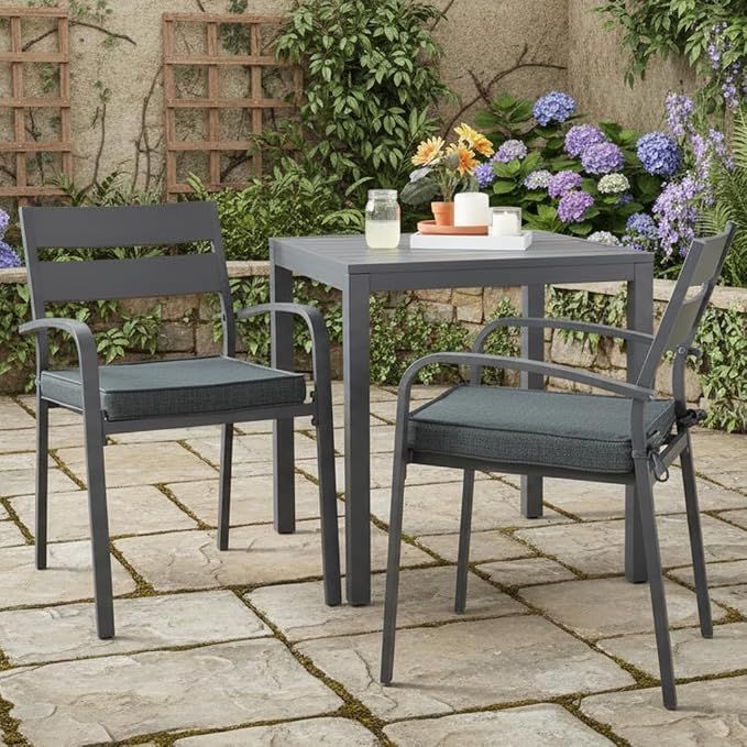 Outdoor 18 inch Square Patio Dining Chair Pads – Comfortable Fiber-Filled Seat Cushions with Ties, Reversible Polyester Fabric - Carbon, Set of 2