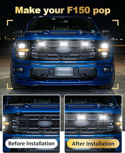 Front Grill Raptor Lights for Ford F150 2024 2025 2026 (White, XLT) | 5th Gen F150 Grille Marker Lights, Waterproof F150 LED Lights Accessories, Snap-in Installation, OEM Style, Off-road Driving
