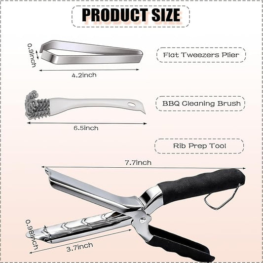 Rib Membrane Removal Tools, Rib Prep Tool, Stainless Steel BBQ Rib Skinner with Tweezer plier, BBQ Cleaning Brush and Gloves, for Easy Rib Skinner, Kitchen Gadgets for Barbecue Enthusiasts & Chefs