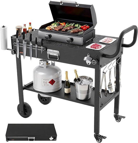VEVOR Outdoor Grill Cart, 31.0 x 17.0 inch Tabletop Size Grilling Table, Foldable Outdoor Cooking Table with Tissue Holder, Wheels, Magnetic Tool Rack, BBQ Prep Tables for Picnic, Kitchen, Courtyard