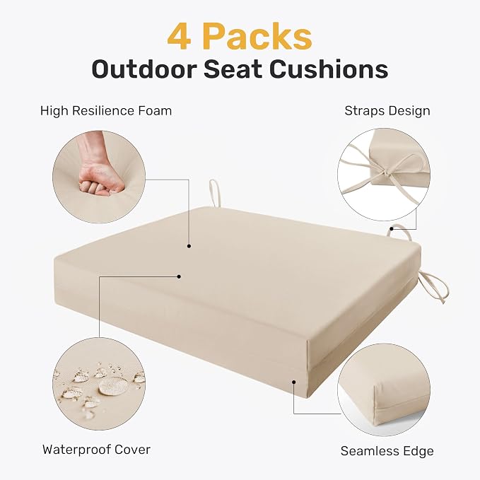 UNIKOME Outdoor Chair Cushions Pack of 4, Water Resistant Patio Cushions with Ties, High Density Sponge Filling Square Corner Seat Cushions for Outdoor Furniture, 24"*24"*4", Beige