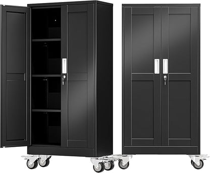 61" Metal Garage Storage Cabinet with Wheels and Locking Doors and Tall Rolling Steel Tool Cabinet with 3 Adjustable Shelves for Garage,Home,Office,Shop (Black, 61''H x 28''W x14''D)