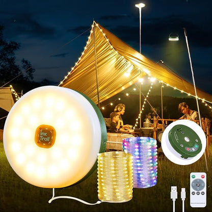 Camping String Lights, 4 in 1 Quick Storage 33FT Rechargeable Tent Lights with 14 Lighting Modes, Hanging Waterproof Portable Retractable LED Lamp for Outdoor, Patio, RV, Awning, Garden, Party