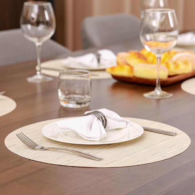 15 Inch Round Placemats Set of 8, Washable Vinyl Woven Place Mats | Heat Resistant Non-Slip Braided Table Mats for Dining Table Kitchen Indoor & Outdoor Use (White, Set of 8)