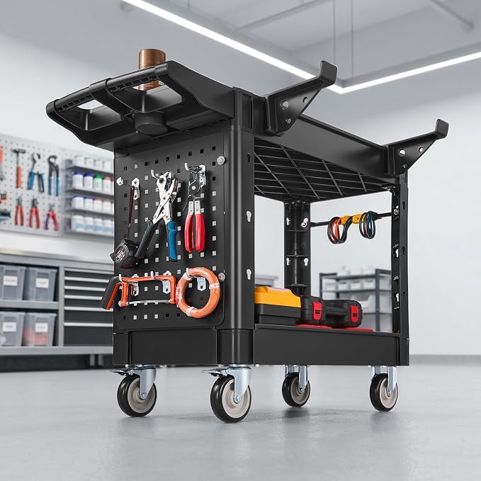 VEVOR Heavy Duty Utility Cart with Tray & Pegboard, 550 LBS 2 Tier Service Cart with 360° Swivel & Fixed Wheels (2 with Brakes), Plastic Rolling Cart, Tool Storage for Garage Warehouse Workshop