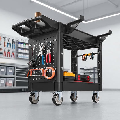 VEVOR Heavy Duty Utility Cart with Tray & Pegboard, 550 LBS 2 Tier Service Cart with 360° Swivel & Fixed Wheels (2 with Brakes), Plastic Rolling Cart, Tool Storage for Garage Warehouse Workshop