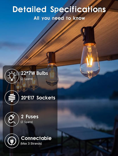 SUNSGNE 20Ft Edison Outdoor String Lights with 22 Clear Edison Bulbs, ST40 Vintage Bulbs String Lights, 7W Christmas Hanging Backyard Porch Balcony Party Decoration Lights, E17/C9 Socket Base, Brown