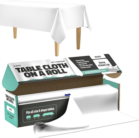 Tablecloth Roll – 54" X 110' White Premium Plastic Table Cloths with Cutter Box - Cut to Size - Decorative Rectangle Table Cover Smooth Tablecloth - Disposable Table Cloths for Parties, Weddings.