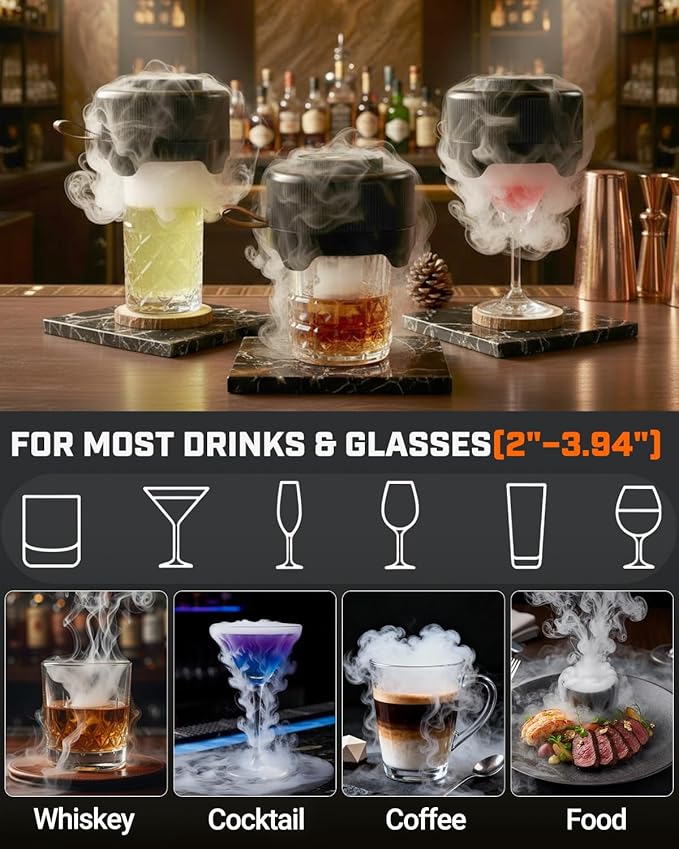 Electric Whiskey Smoker Kit with Adjustable Smoke Levels ＆ LED Timer Ring, Rechargeable Cocktail Smoker Kit with 6 Wood Chips, Old Fashioned Smoker Kit, Bourbon Gifts for Men, Dad, Husband, Black