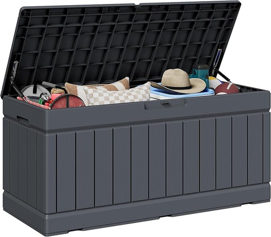 JUMMICO 78 Gallon Outdoor Deck Box Large Resin Storage Box for Patio Furniture Cushions, and Garden Tools (Gray)