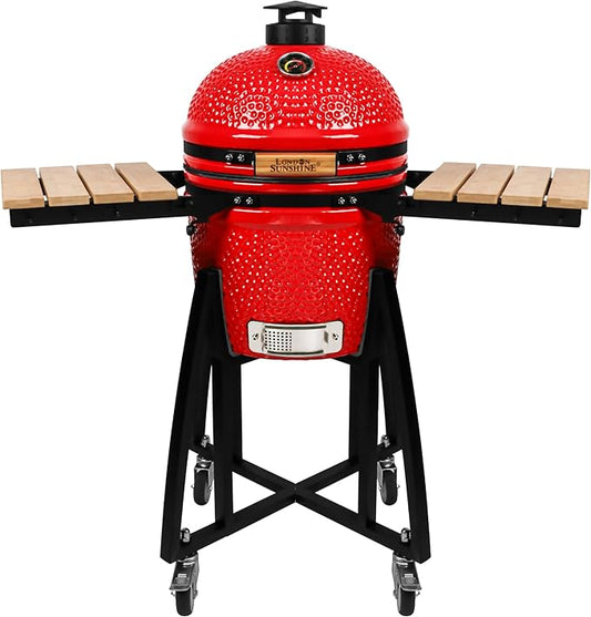 London Sunshine 15-inch Ceramic Kamado Charcoal BBQ Grill & Smoker with Locking Casters, Foldable Side Shelves, Stainless Steel Grates, and Tall Stand (Red)