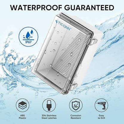 TICONN Outdoor Electrical Box Waterproof, Junction Box IP67 ABS Plastic Enclosure with Hinged Cover with Mounting Plate, Wall Brackets, Cable Glands (Clear, 10.2"x6.3"x3.9")