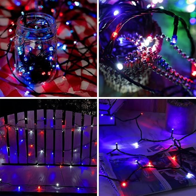 kemooie 4th of July Patriotic Decoration, 500 LED Red White and Blue Lights with 8 Modes, Outdoor Waterproof String Lights for Fourth of July, Memorial Day, Independence Day Decor