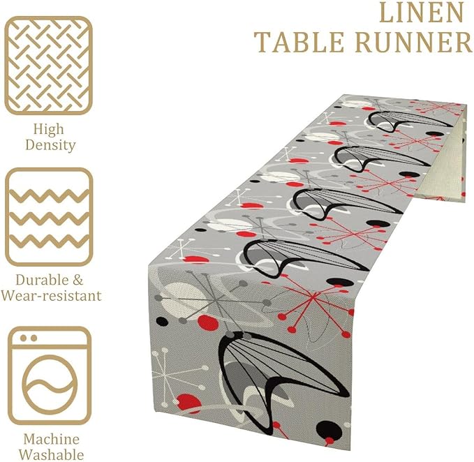 Mid Century Table Runner，Mid Century Modern 1950 Style Vintage Retro Atomic Style Print Table Runners for Party Kitchen Dining Banquet 13x36Inch