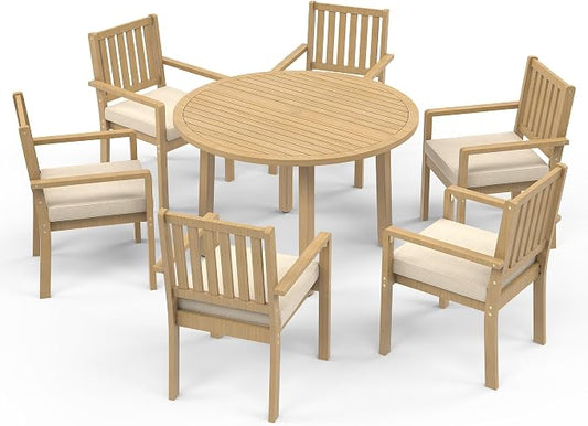 FansaFurn 7 Pieces Acacia Outdoor Patio Table and Chairs Set for All-Weather, Outside Furniture with Table Umbrella Hole and Removable Cushion for 6, Patio Table Set for Patio, Garden, Brown