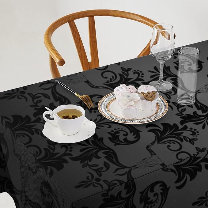 Gothic Black Damask Tablecloth, Vintage Floral Exotic Longhorn Skull Bull Bone Table Cloth Water Resistant Table Cover for Farmhouse Party Holiday Kitchen Dinner Table 55x75