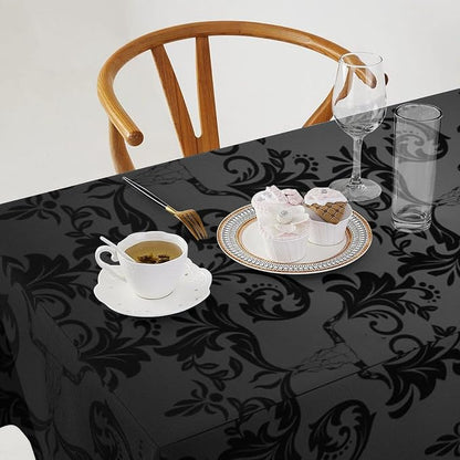 Gothic Black Damask Tablecloth, Vintage Floral Exotic Longhorn Skull Bull Bone Table Cloth Water Resistant Table Cover for Farmhouse Party Holiday Kitchen Dinner Table 60x120