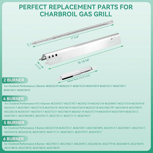 Grill Replacement Parts for Charbroil Performance 5 Burner 463347519 463347518, 475 4 Burner 463347017, 463342119, 463376018P2 Grills, G470-5200-W1 Burner, G470-0004-W1A Heat Plate, Crossover Tube