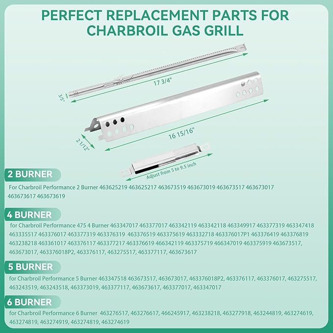 463342119 Grill Replacement Parts for Charbroil Performance 4 Burner 463342119, 463332718, 463347017, 463342118 , 463376217, 463376018P2, G470-5200-W1 Burner Tube, G470-0004-W1A Heat Plate, Crossover