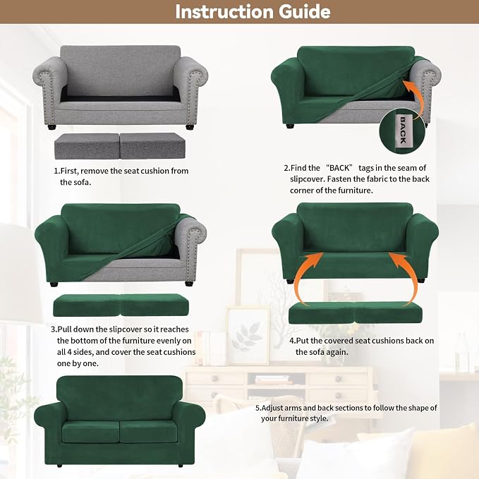 WEERRW Velvet Stretch 3 Pieces Couch Cover for Sofa Washable, Emerald Green | Love Seat Couch Covers for 2 Cushion Couch Sofa Furniture Protector slipcoves with Elastic Bottom for Kids, Medium