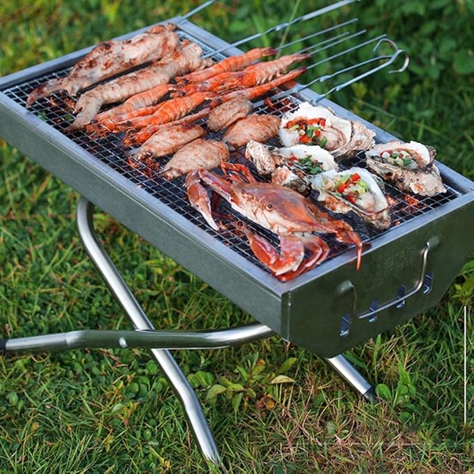 Barbecue Charcoal Grill Charcoal Grill Barbecue Grill Portable Stainless Steel Folding BBQ Grill For Outdoor Picnic Camping Travel Charcoal Bbq Grill, Silver