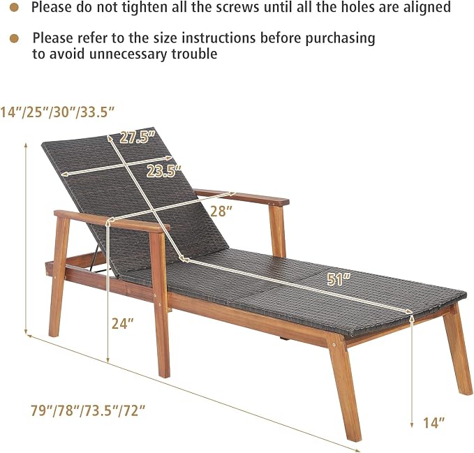 COSTWAY Patio Rattan Chaise Lounge Chair Recliner Back Adjustable Acacia Wood Garden