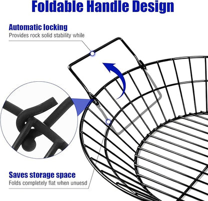 14" Foldable Charcoal Basket for Big Green Egg Large, Heavy Duty Porcelain Steel Ash Basket for Kamado Grill, Collapsible Handle (Black, L)