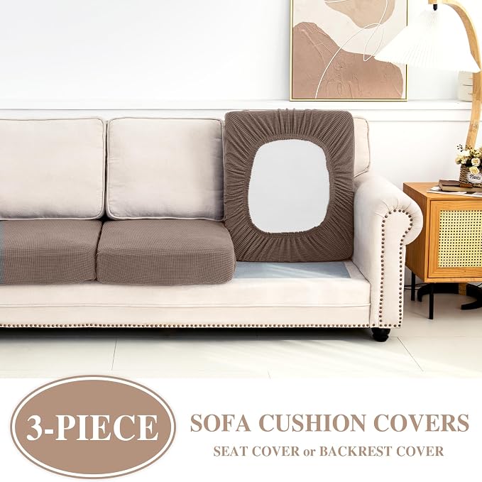 LA MEACK Couch Cushion Covers Seat Cushion Cover Stretch Couch Cover Separate Sectional Sofa Slipcovers Furniture Protector(3 Pieces for Seat or Sofa Backrest, Khaki)