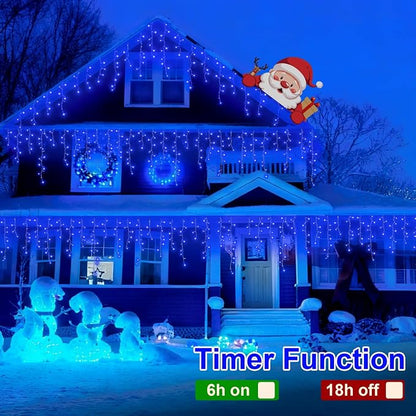 QITONG Blue Icicle Lights for Outside, 33ft 400 LED String Lights Plug in with 8 Modes, Clear Wire Connectable Icicle Christmas Light Indoor