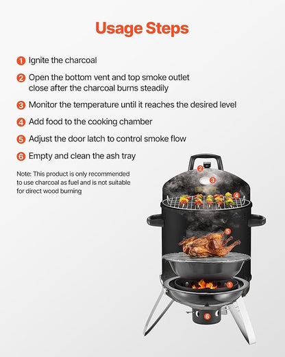 VEVOR Charcoal Smoker, 16" Vertical Charcoal BBQ Grill, Coated Steel Barbecue Smoker with 2 Grilling Grates, Thermometer, Air Vents & Removable Ash Tray, Ideal for Backyard Patio Parties Cooking