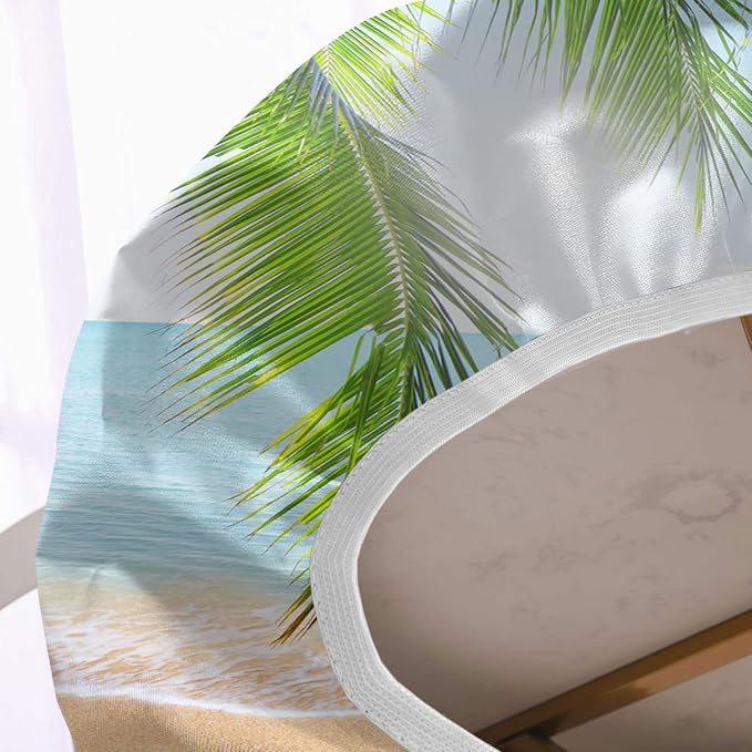 Ocean Oval Fitted Tablecloths, Palm Trees and Ocean Sea Pattern Pring Elastic Edged Table Covers, Fits Tables up to 48" x 68", Wrinkle-Proof Table Cloths Indoor Restaurant Outdoor Terrace Dining Use