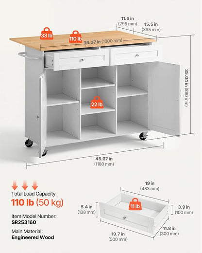 VEVOR Kitchen Island Cart with Storage, 45.67 in Wide Mobile Rolling Storage Island on Swivel Wheels, with 2 Drawers, Storage Cabinet, Drop Leaf, Towel Rack, Table for Home Dining Room, White