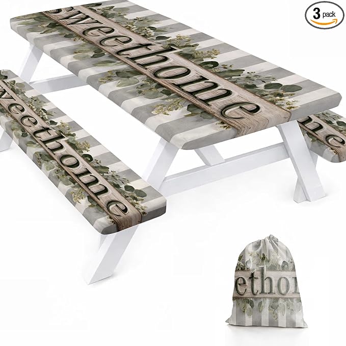 Picnic Table Cover with Bench Covers, 72 X 30 Inch Elastic Fitted Camping Tablecloth with Strap Design for 6FT Rectangle Tables, Windproof Outdoor Tablecloth Set with Storage Bag