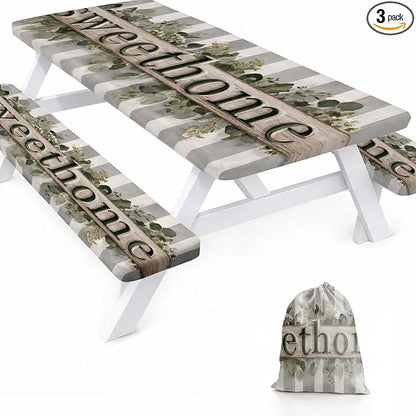 Picnic Table Cover with Bench Covers, 72 X 30 Inch Elastic Fitted Camping Tablecloth with Strap Design for 6FT Rectangle Tables, Windproof Outdoor Tablecloth Set with Storage Bag