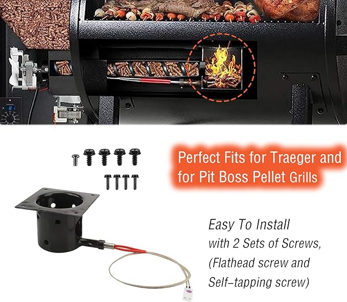 Heavy Duty Steel Porcelain-Enameled Fire Burn Pot and Hot Rod Ignitor Kit Replacement Parts for Traeger & Pit Boss Wood Pellet Grill, Igniter Ignition BBQ Part