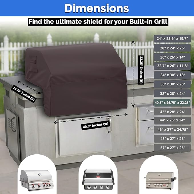 Covers & All Built-in Grill Cover for Outdoor Grill – Heavy Duty 12 oz Waterproof Built-in BBQ Grill Cover, PVC-Coated Polyester with Elastic Hem for Snug Fit (40.5 x 26.75 x 22.25 inches, Coffee)