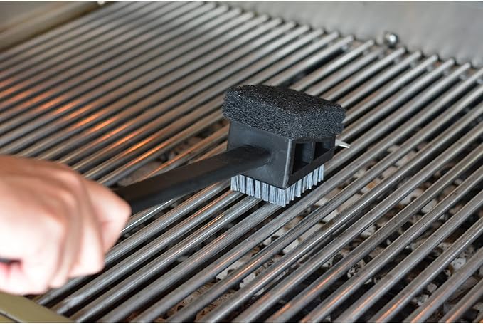 RSVP International Barbeque Grilling Collection Grill Cleaning Tool, 3-in-1 Brush/Scraper, 15-Inch, Black