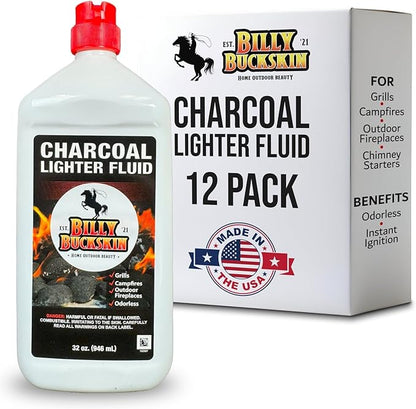 Charcoal Lighter Fluid (1 Quart) - 12 Pack Clean Burning, Low Odor & Fast Lighting Lighter Fuel - Perfect Fire Starter Fluid for Outdoor BBQ, Grilling, Camping, Charcoal & Wood Fires by Billy Buckskin