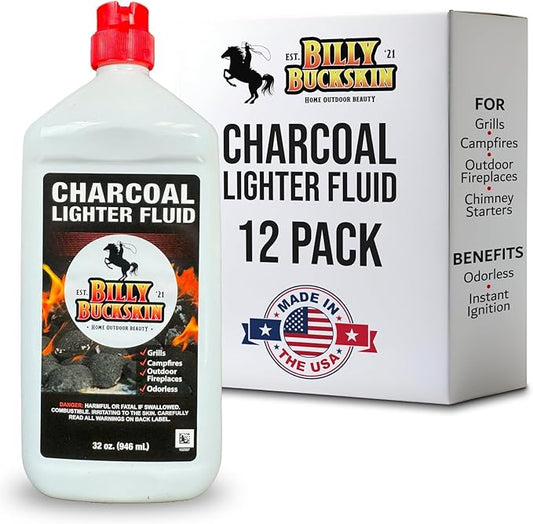 Charcoal Lighter Fluid (1 Quart) - 12 Pack Clean Burning, Low Odor & Fast Lighting Lighter Fuel - Perfect Fire Starter Fluid for Outdoor BBQ, Grilling, Camping, Charcoal & Wood Fires by Billy Buckskin