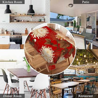 Swono Japanese Flower Table Cover Retro Blossom Chrysanthemum 50x72 Inch Table Cloth for Rectangle Tables Buffet Parties Coffee BBQ and Dinning Tablecloth, Golden Red