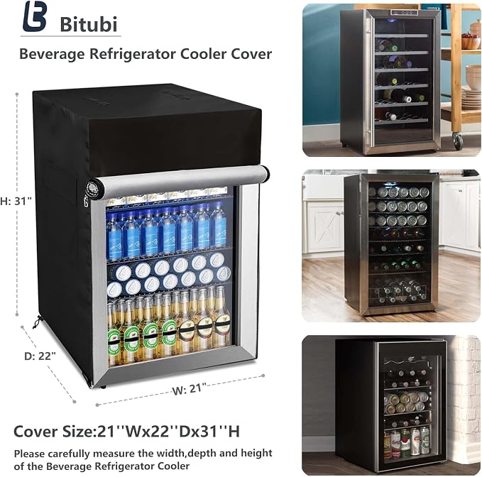 Bitubi Beverage Refrigerator Cooler Cover,Outdoor Fridge Cover – Waterproof, Dustproof, Sun-Proof, 21" W x 22" D x 31" H. Suitable for most Beer or Wine Mini Fridge/Drink Fridge (Black)