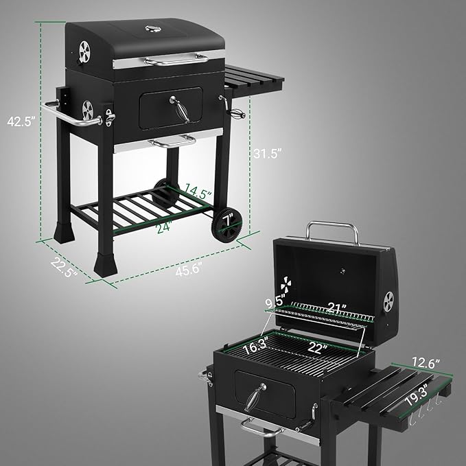 Movable Charcoal BBQ Grill with Foldable Side Tables and Wheels, Heavy-duty Charcoal Grill for Outdoor Picnic and Camping Grilling, Black