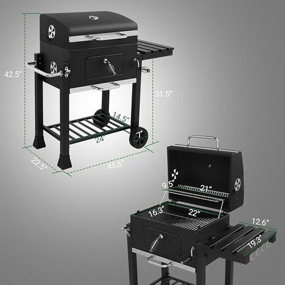 Movable Charcoal BBQ Grill with Foldable Side Tables and Wheels, Heavy-duty Charcoal Grill for Outdoor Picnic and Camping Grilling, Black