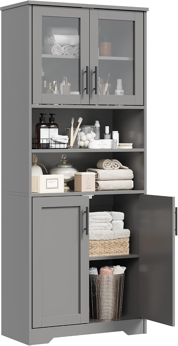 IDEALHOUSE 67" H Tall Storage Cabinet, Freestanding Bathroom Cabinet with 4 Doors and Adjustable Shelves,Modren Cupboard for Kitchen, Pantry, Living Room (Grey)