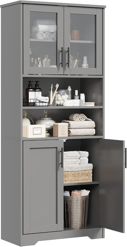 IDEALHOUSE 67" H Tall Storage Cabinet, Freestanding Bathroom Cabinet with 4 Doors and Adjustable Shelves,Modren Cupboard for Kitchen, Pantry, Living Room (Grey)